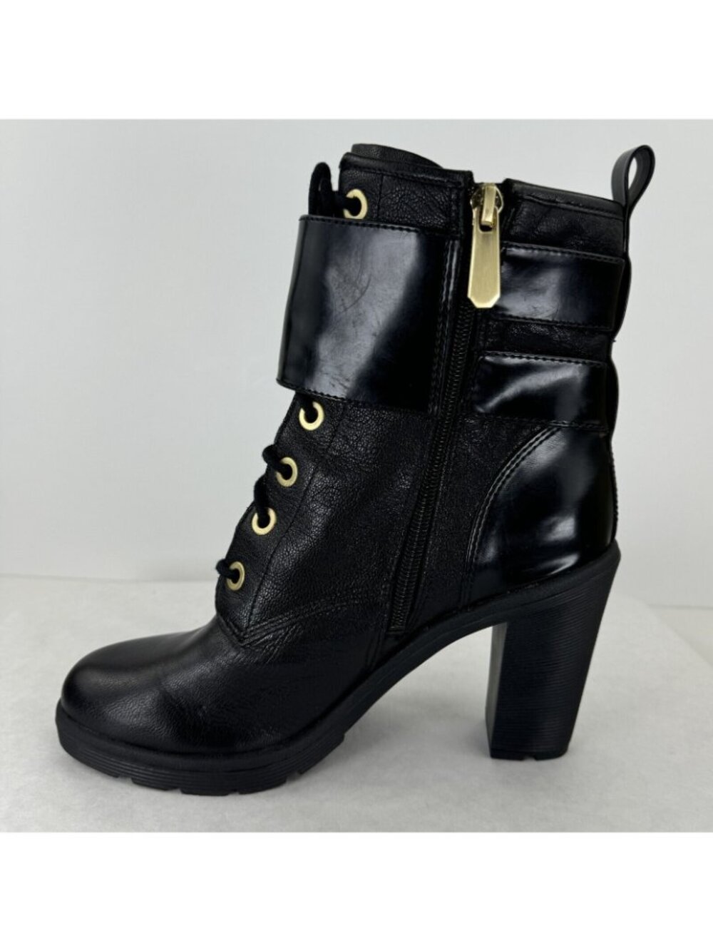 Guess Finlay Black Side Zip High Heel Leather Boots Womens Sz 8.5M Buckle Strap - Picture 3 of 16